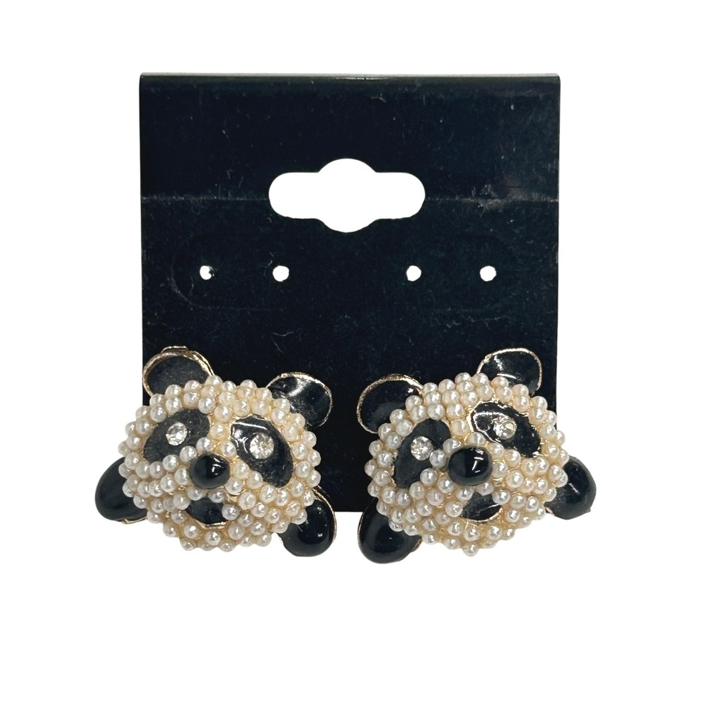Panda Bear Stud Earrings Faux Pearl Rhinestone Kawaii Animal Novelty Cute